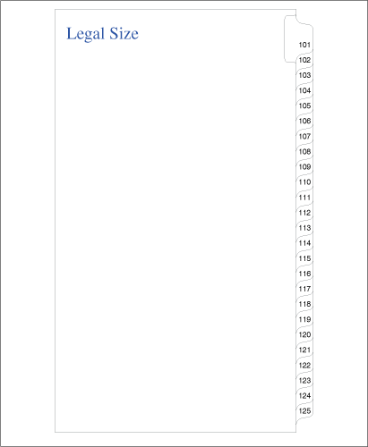 Standard Style Legal Size Side Tabs 101-125 Collated (91475)25 Per Bag